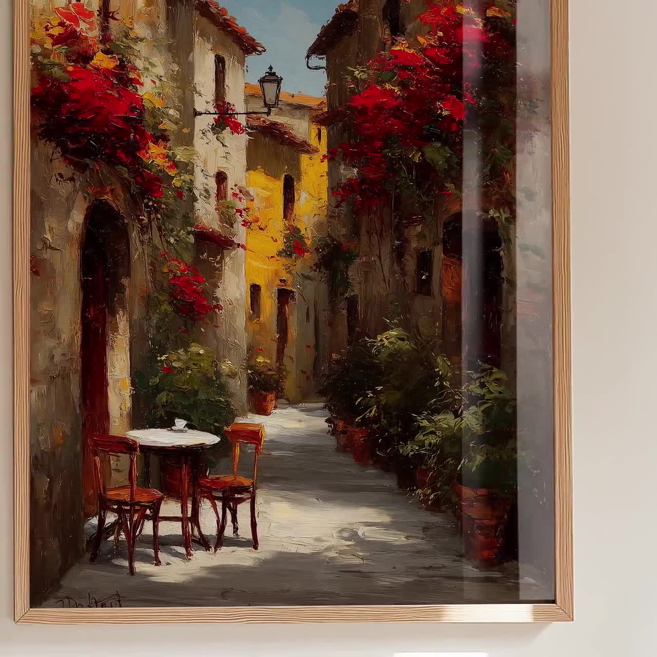 Italian Village Canvas Art - Sunlit Alley Scene, Red Flowers